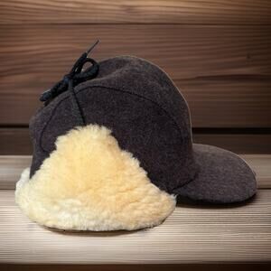 FILSON Men's L Double Mackinaw Wool Shearling Trapper Hat Cap Made in USA brown